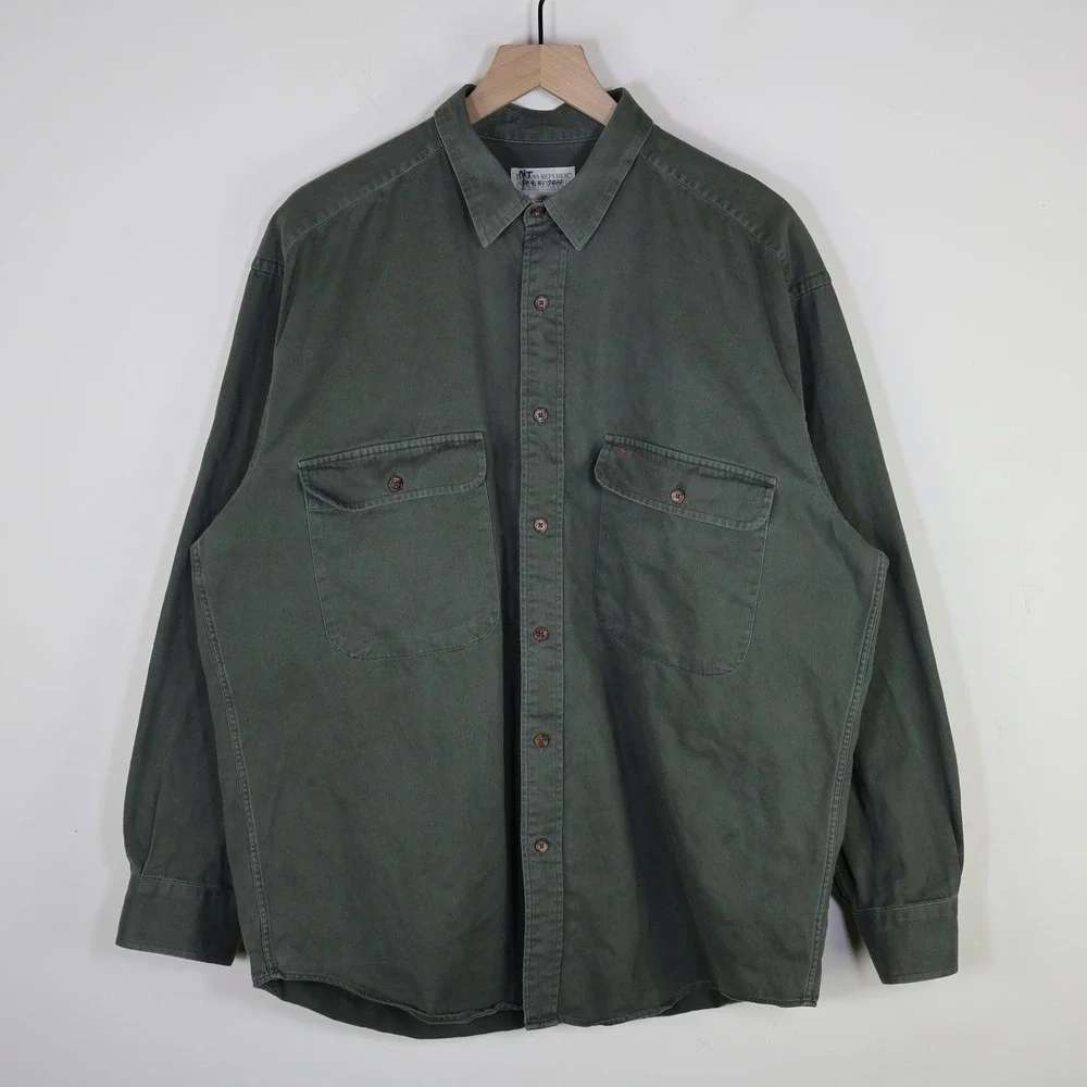 Vintage Banana Republic Safari Travel Button Down‎ Shirt Utility Green Cotton L
